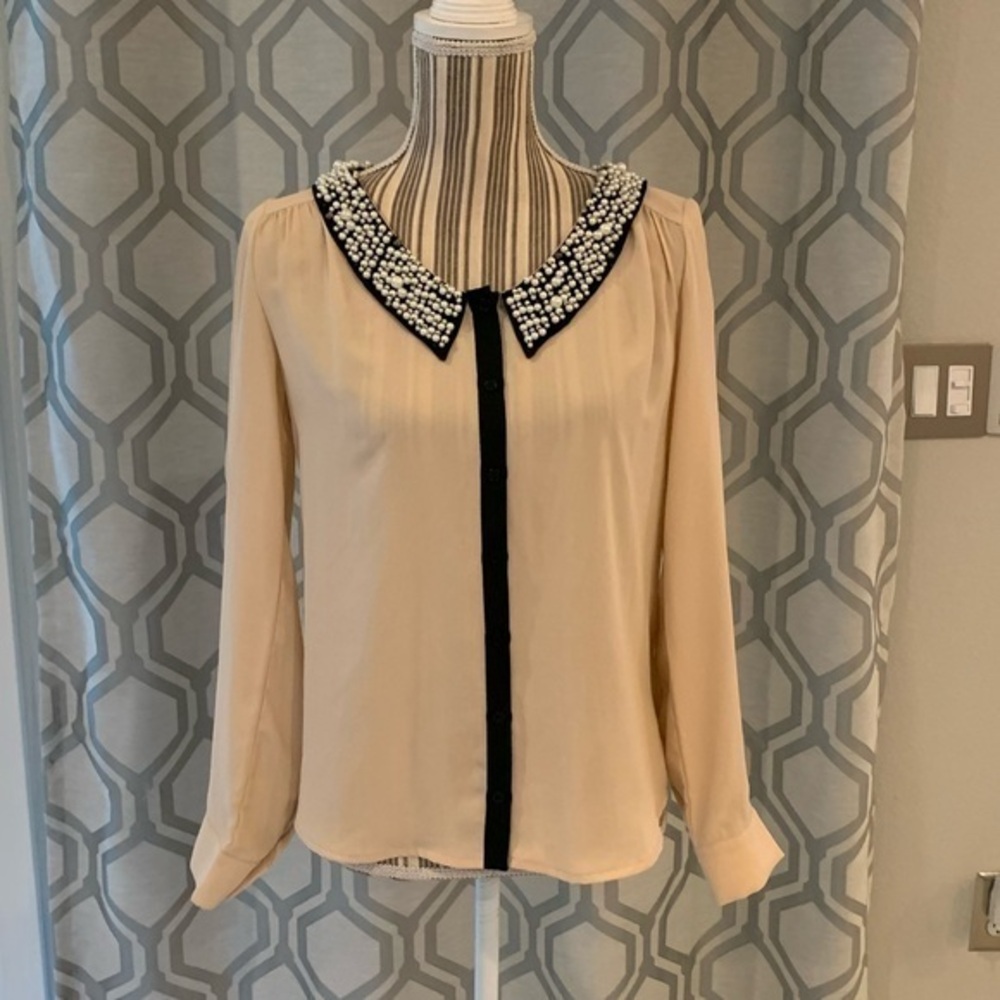Bellatrix Pearl Collar Semi-Sheer Long Sleeve Top
